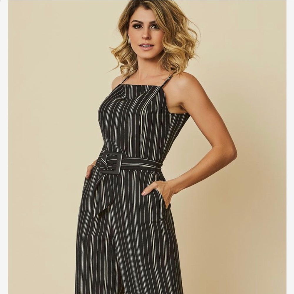Black and white striped cropped jumpsuit.